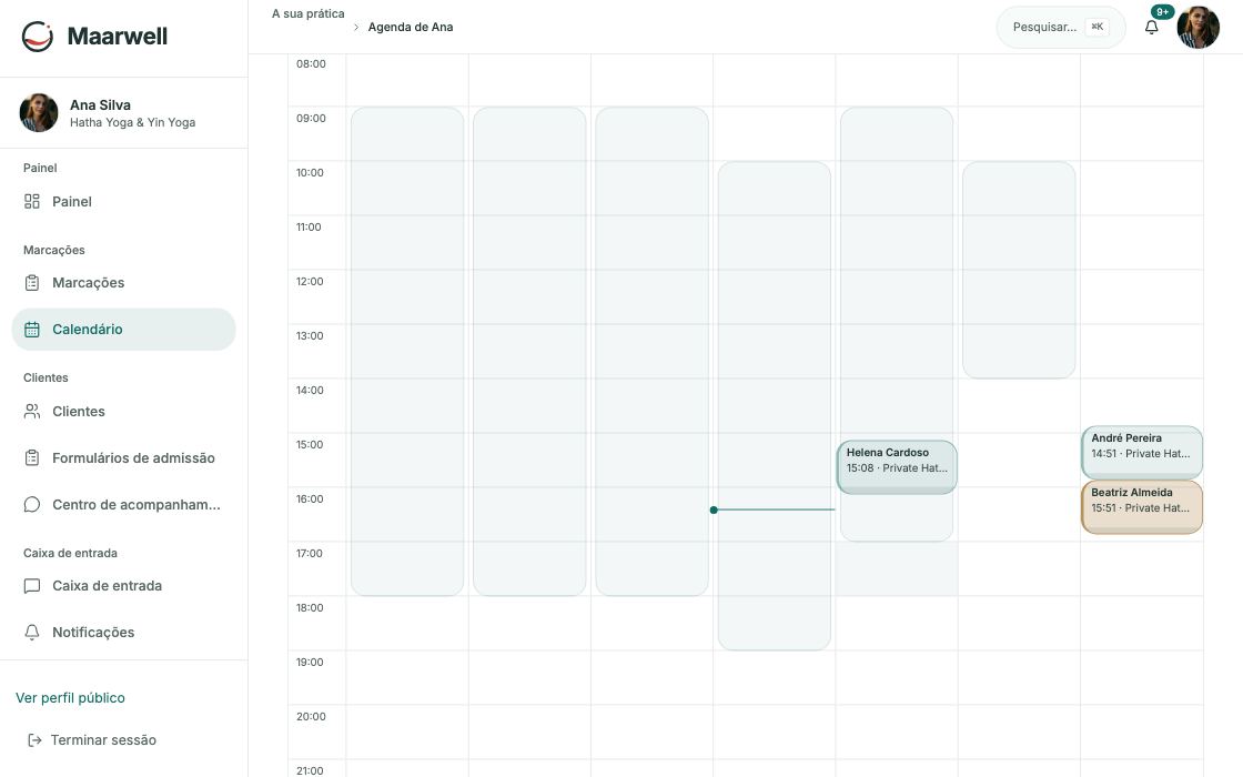 Calendário semanal com sessões e horário de trabalho