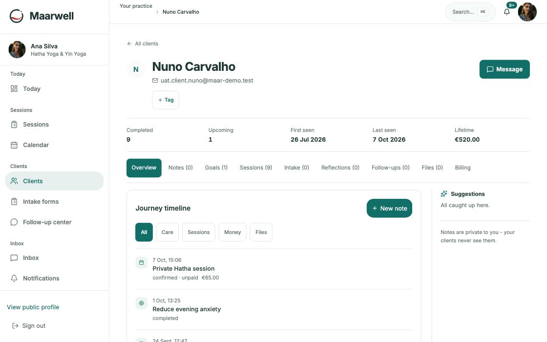 Client file with timeline, notes, goals and sessions