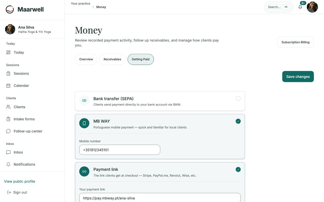 Getting paid settings for bank transfer, MB WAY and payment link