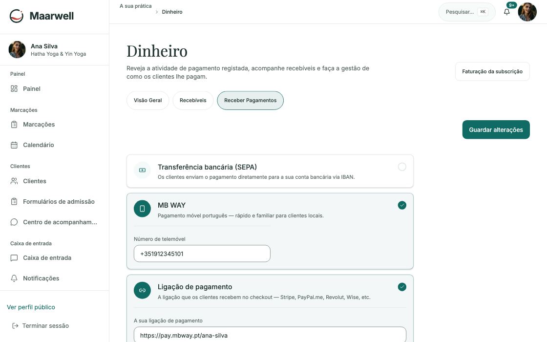 Definições de pagamento para transferência bancária, MB WAY e link de pagamento