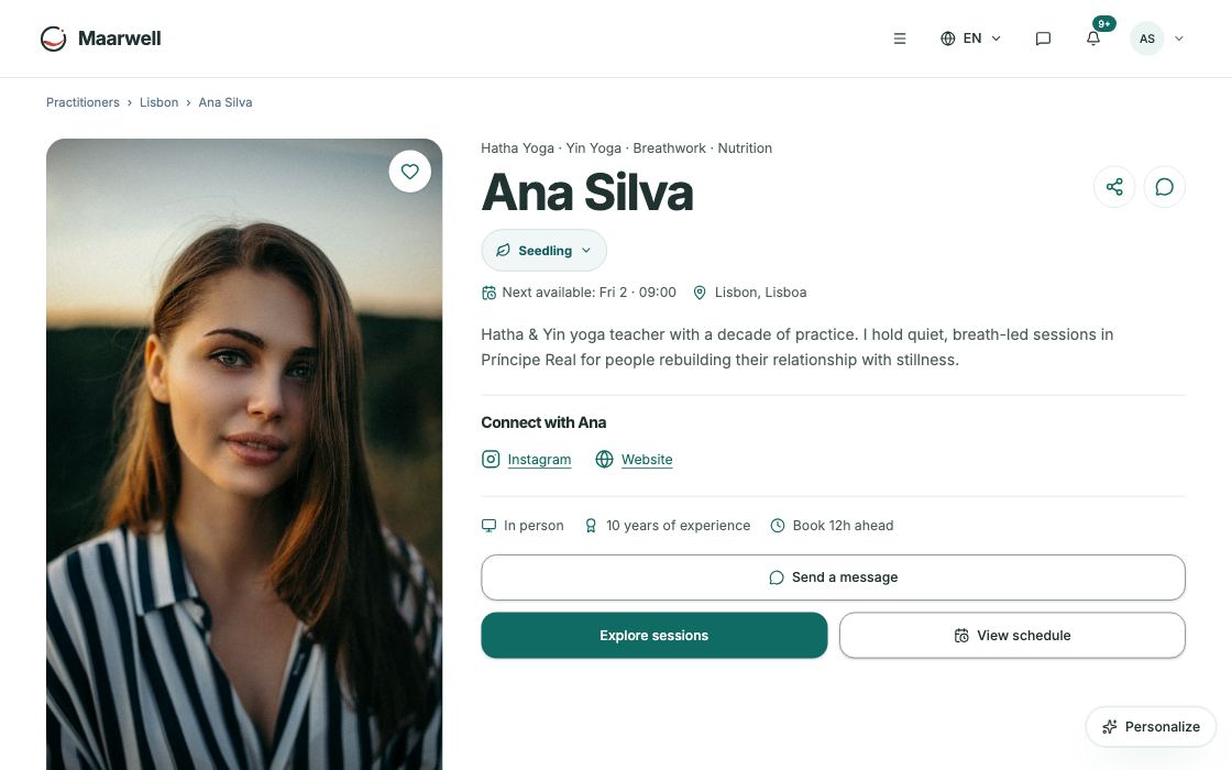 Public practitioner profile showing the next available slot