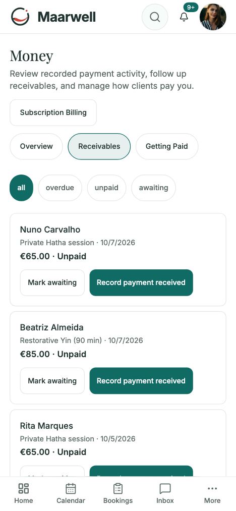 Receivables list with Record payment received buttons