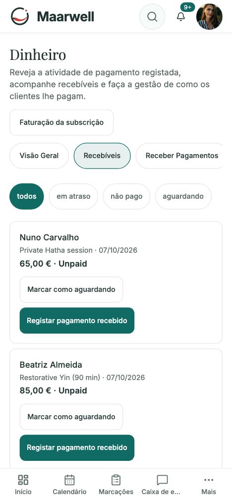 Lista de valores a receber com botões Registar pagamento recebido