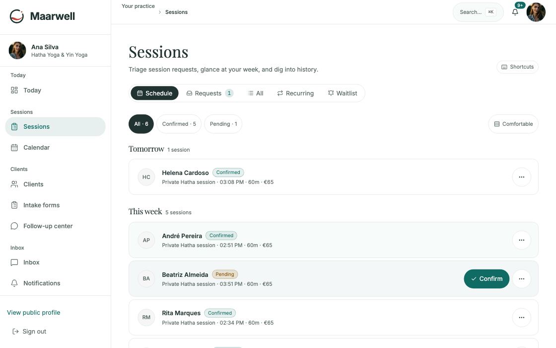 Sessions list with requests, recurring and waitlist tabs