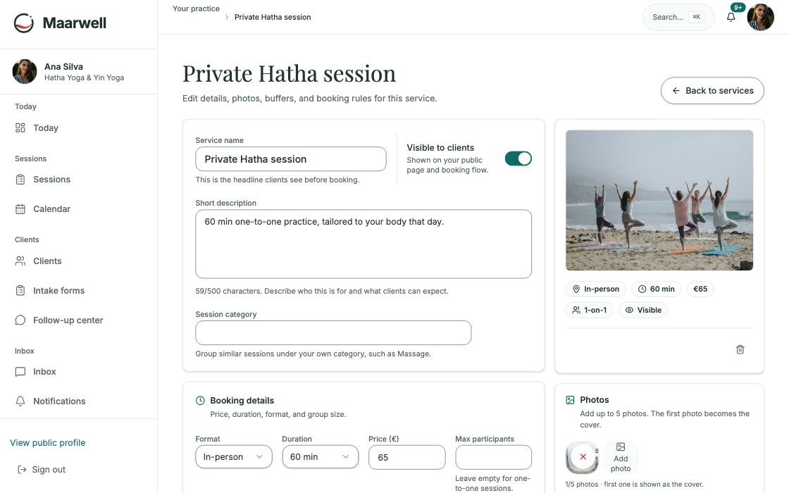 Service editor with name, description, price and format