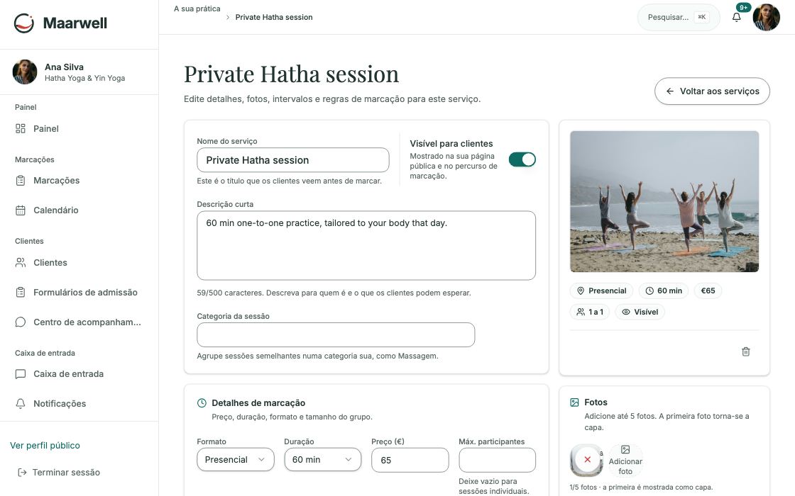 Editor de serviço com nome, descrição, preço e formato