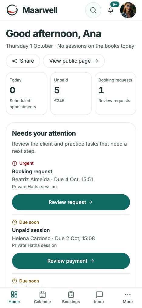 Maarwell Today screen with booking requests and unpaid sessions
