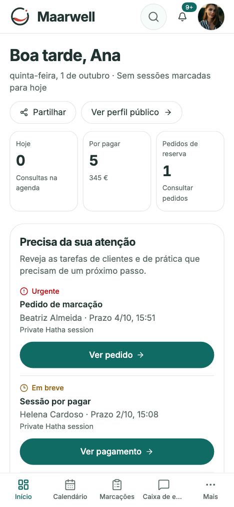 Painel da Maarwell com pedidos de marcação e sessões por pagar